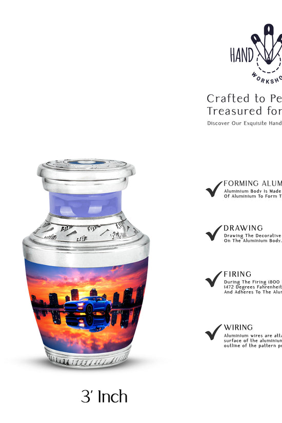 Violet Purple Car Cremation Urn top-down view of secure threaded lid - artistic car interpretation with creative detail - mini keepsake memorial for portion of cremation ashes