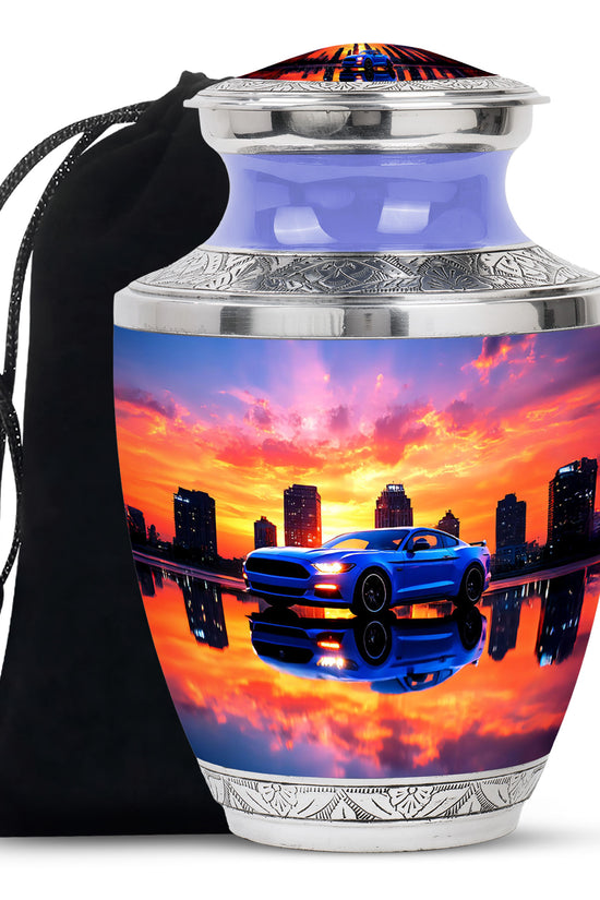 Royal Purple Car Cremation Urn side profile showing urn shape - stylized abstract car pattern with bold lines - full-size 10 inch 200 cubic inch adult cremation urn