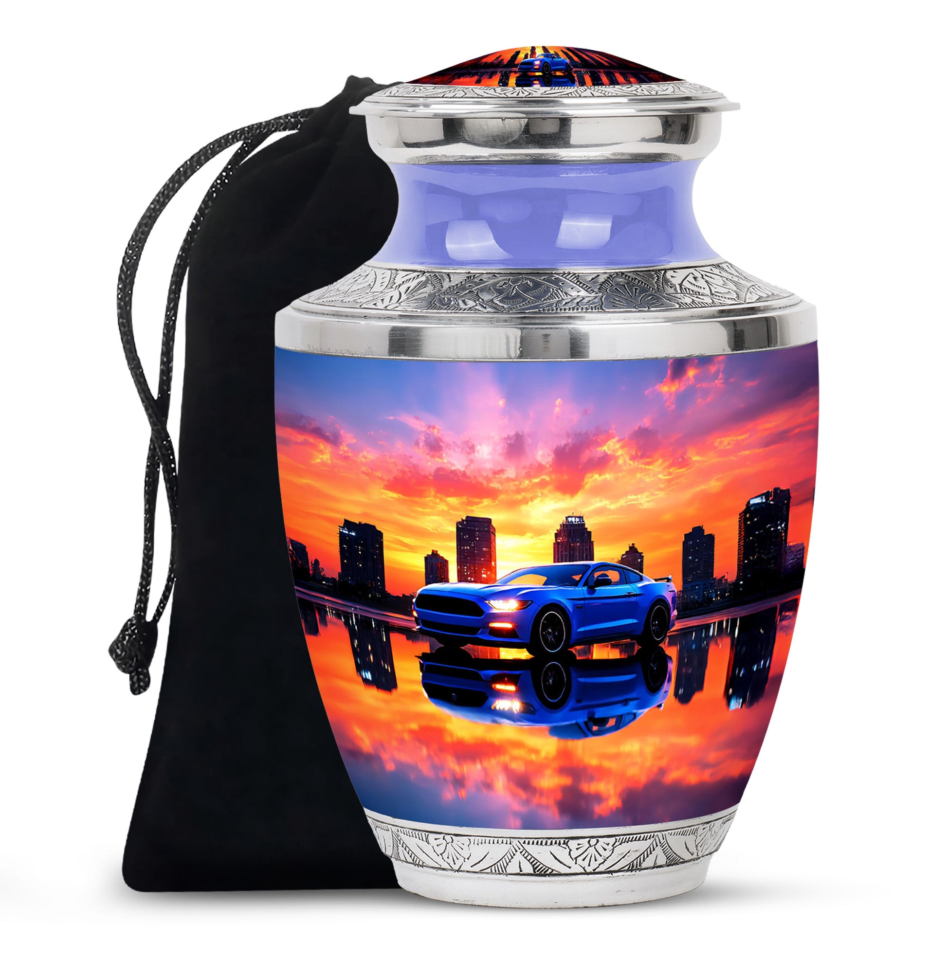 Royal Purple Car Cremation Urn side profile showing urn shape - stylized abstract car pattern with bold lines - full-size 10 inch 200 cubic inch adult cremation urn