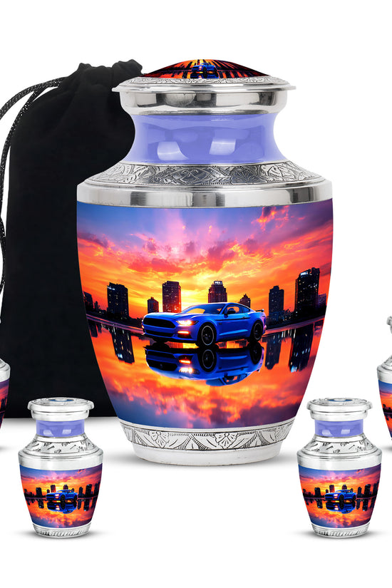 Plum Purple Car Cremation Urn lifestyle display on memorial shelf - contemporary car design with modern artistic flair - memorial set with one large and four small urns