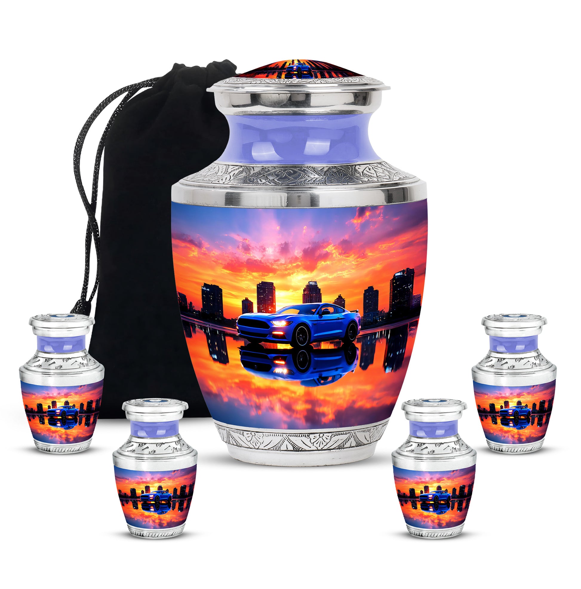Plum Purple Car Cremation Urn lifestyle display on memorial shelf - contemporary car design with modern artistic flair - memorial set with one large and four small urns