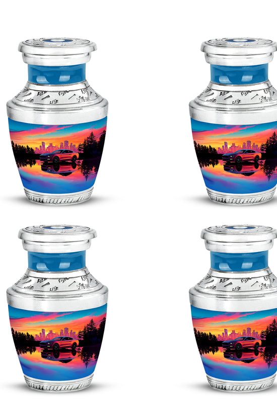 Cobalt Blue Car Cremation Urn back view with polished surface - artistic car interpretation with creative detail - 10 inch aluminum urn for cremated remains