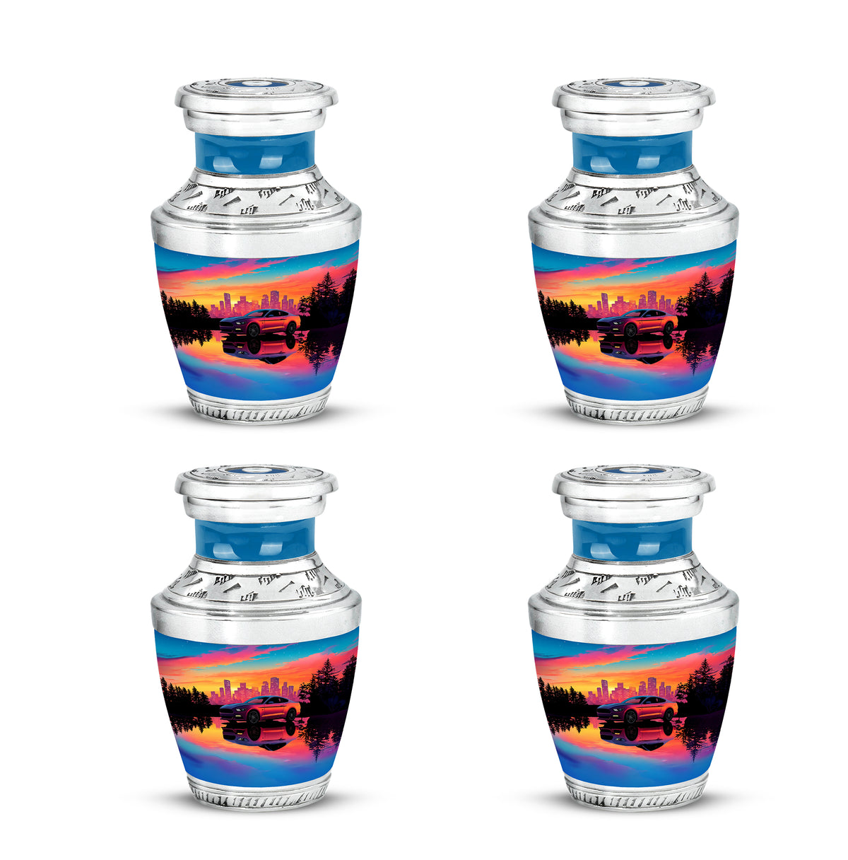 Cobalt Blue Car Cremation Urn back view with polished surface - artistic car interpretation with creative detail - 10 inch aluminum urn for cremated remains