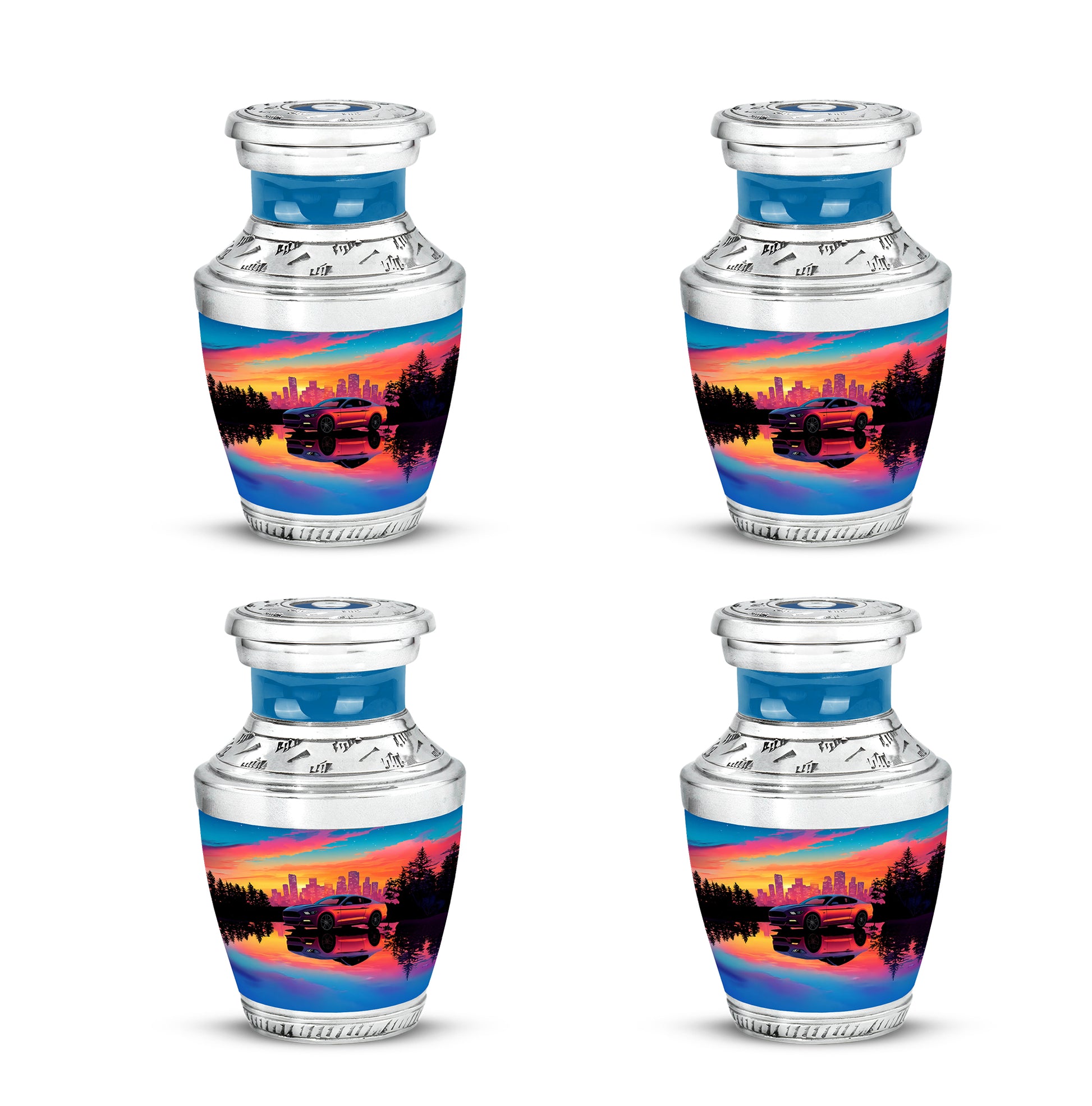 Cobalt Blue Car Cremation Urn back view with polished surface - artistic car interpretation with creative detail - 10 inch aluminum urn for cremated remains