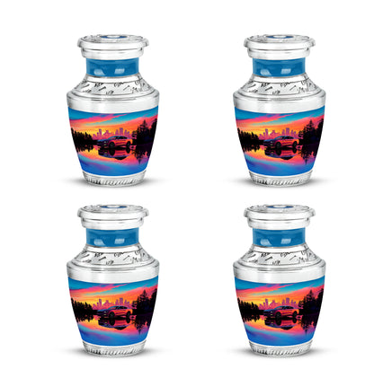 Cobalt Blue Car Cremation Urn back view with polished surface - artistic car interpretation with creative detail - 10 inch aluminum urn for cremated remains