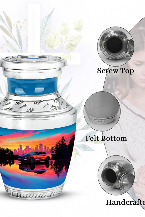 Soft Blue Car Cremation Urn top-down view of secure threaded lid - artistic car interpretation with creative detail - mini keepsake memorial for portion of cremation ashes