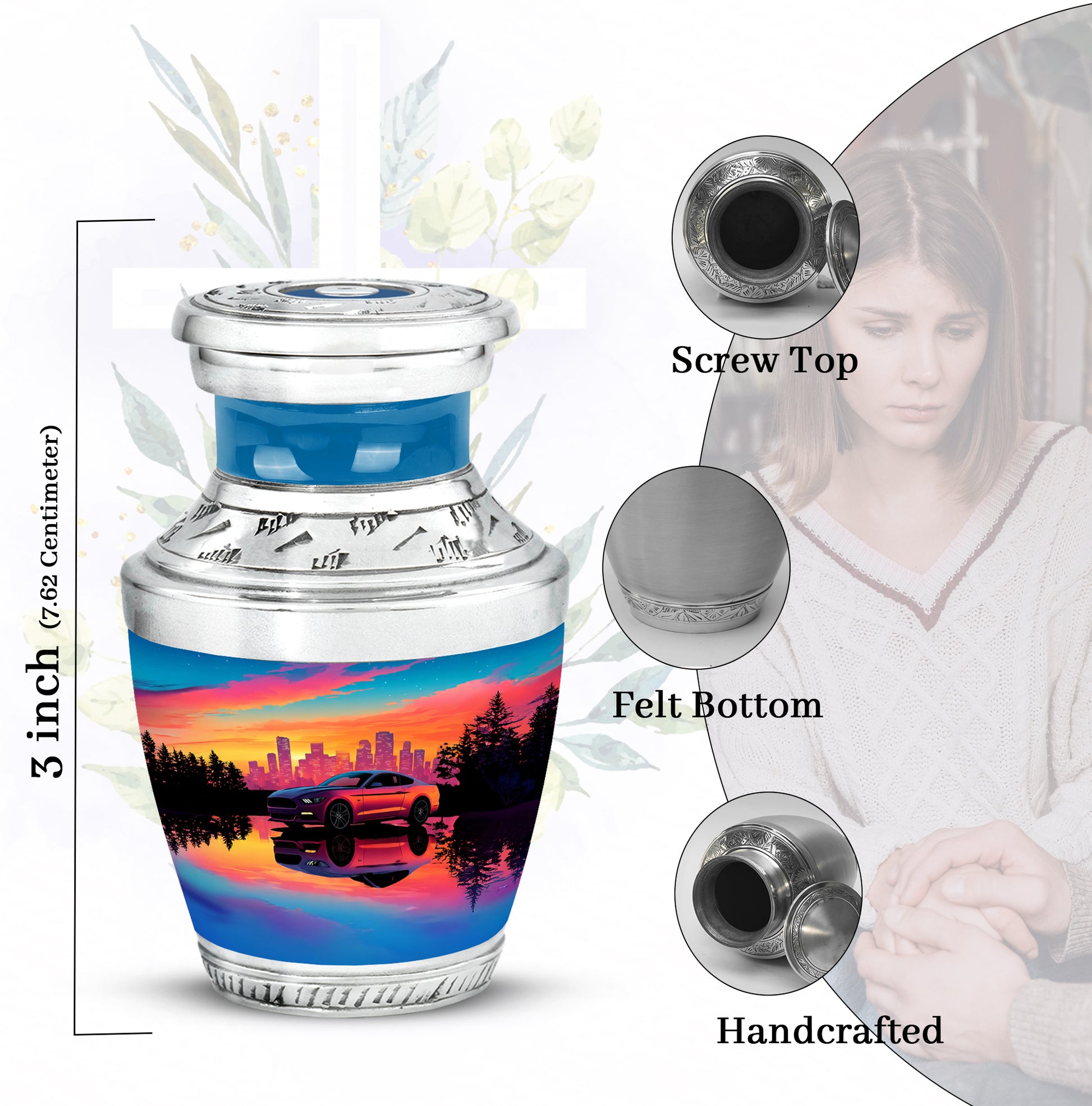 Soft Blue Car Cremation Urn top-down view of secure threaded lid - artistic car interpretation with creative detail - mini keepsake memorial for portion of cremation ashes