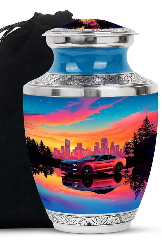 Cobalt Blue Car Cremation Urn side profile showing urn shape - artistic car interpretation with creative detail - full-size 10 inch 200 cubic inch adult cremation urn