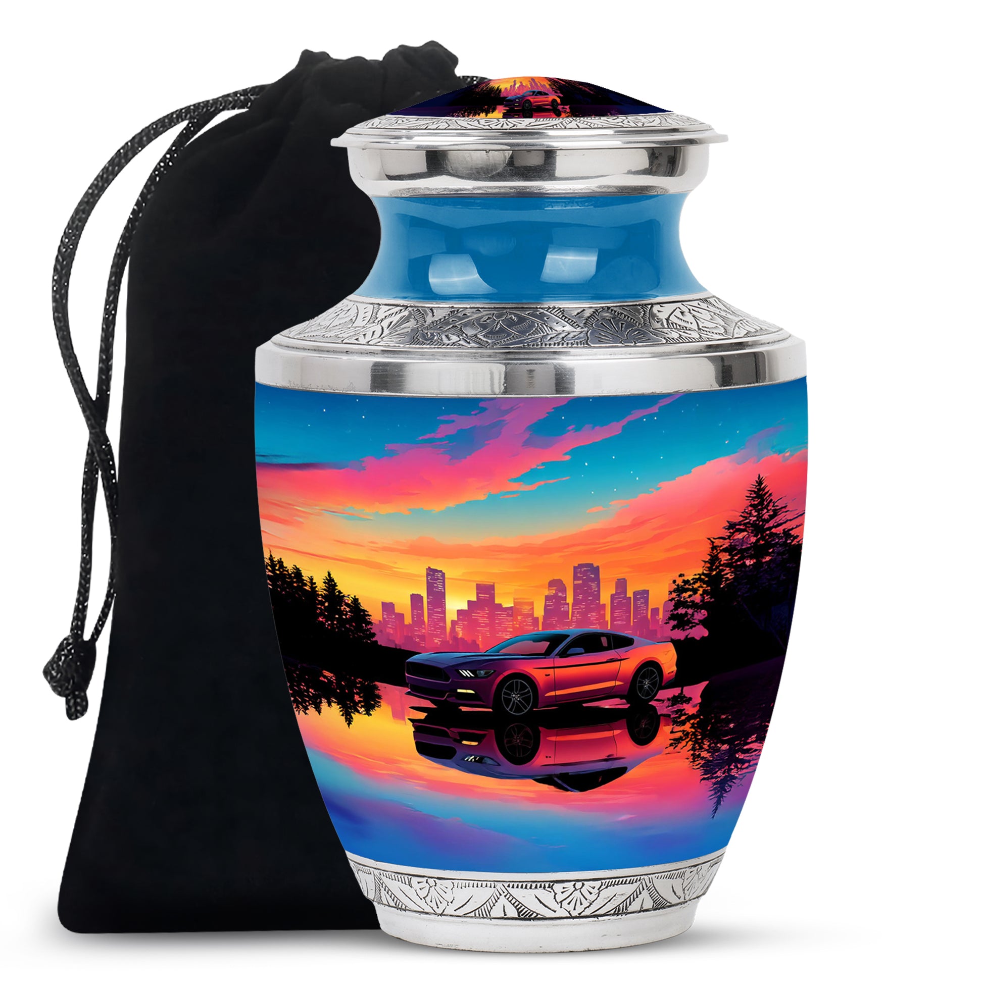 Cobalt Blue Car Cremation Urn side profile showing urn shape - artistic car interpretation with creative detail - full-size 10 inch 200 cubic inch adult cremation urn