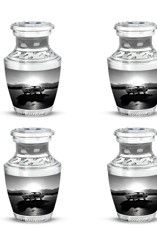 Pewter Gray Car Cremation Urn back view with polished surface - modern art-inspired car motif on sleek aluminum - 10 inch aluminum urn for cremated remains
