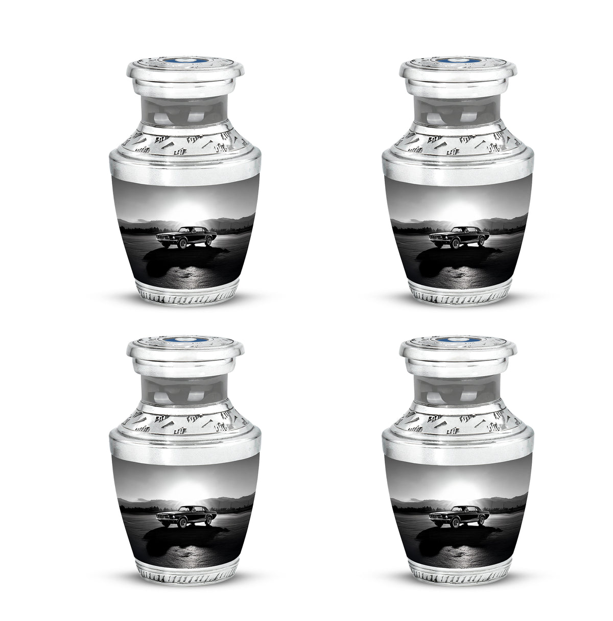 Pewter Gray Car Cremation Urn back view with polished surface - modern art-inspired car motif on sleek aluminum - 10 inch aluminum urn for cremated remains