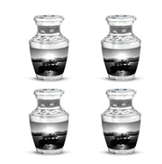 Pewter Gray Car Cremation Urn back view with polished surface - modern art-inspired car motif on sleek aluminum - 10 inch aluminum urn for cremated remains