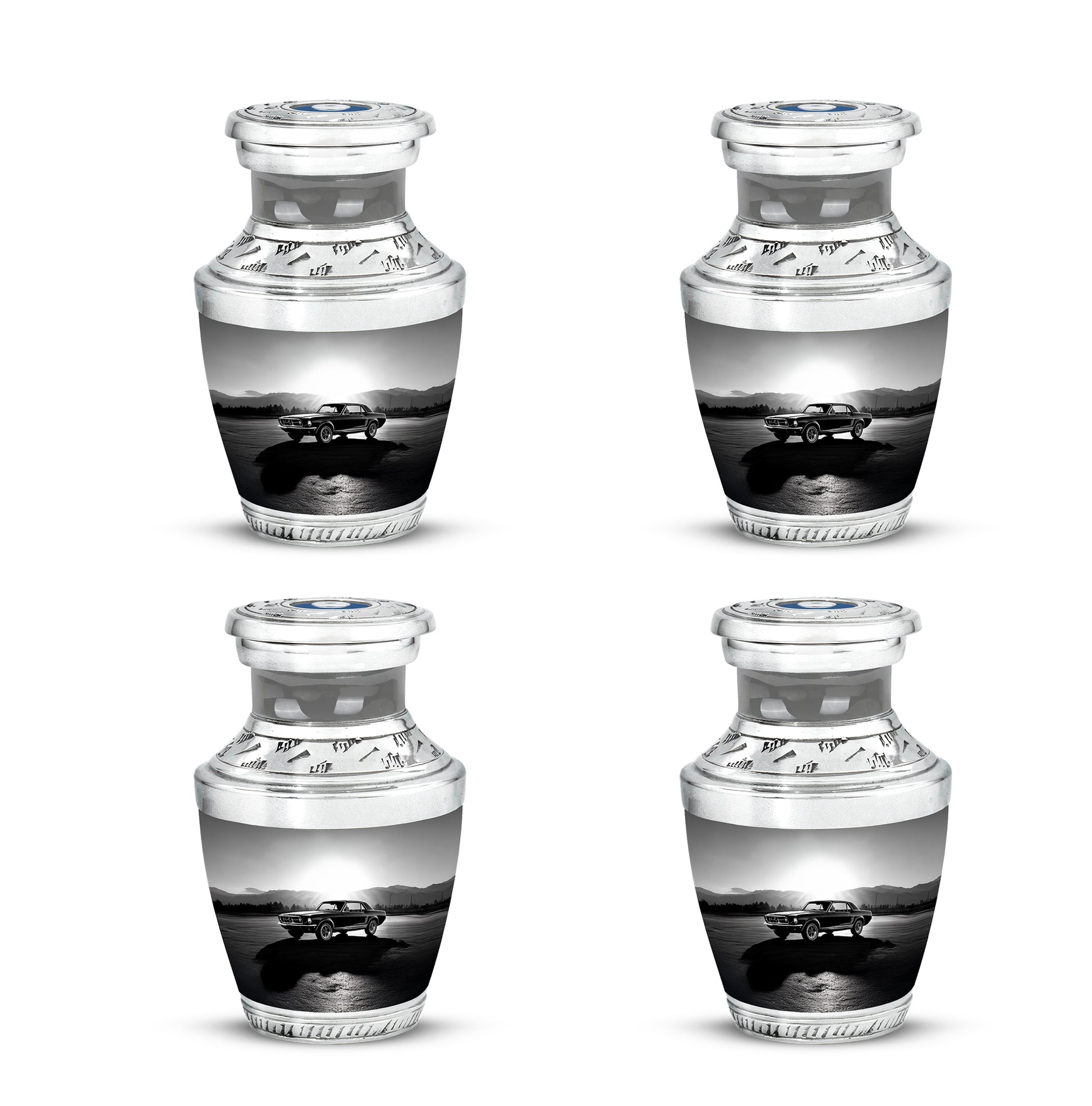 Pewter Gray Car Cremation Urn back view with polished surface - modern art-inspired car motif on sleek aluminum - 10 inch aluminum urn for cremated remains