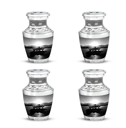 Pewter Gray Car Cremation Urn back view with polished surface - modern art-inspired car motif on sleek aluminum - 10 inch aluminum urn for cremated remains