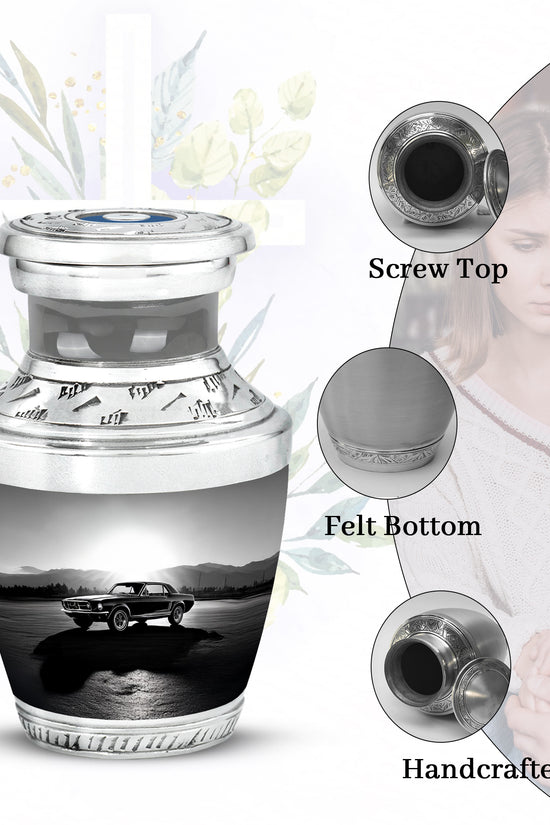 Dove Gray Car Cremation Urn top-down view of secure threaded lid - contemporary car design with modern artistic flair - mini keepsake memorial for portion of cremation ashes