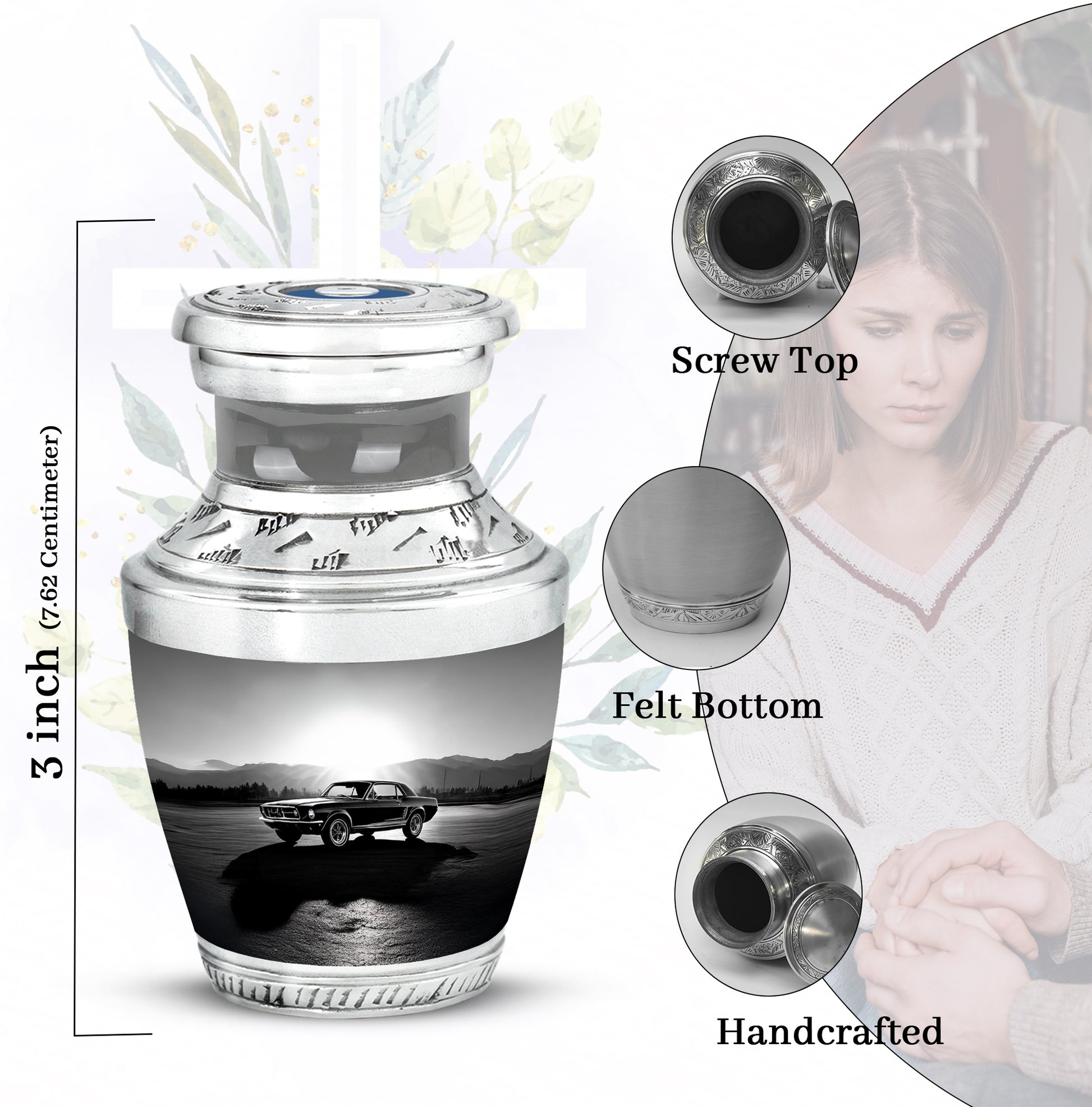 Dove Gray Car Cremation Urn top-down view of secure threaded lid - contemporary car design with modern artistic flair - mini keepsake memorial for portion of cremation ashes
