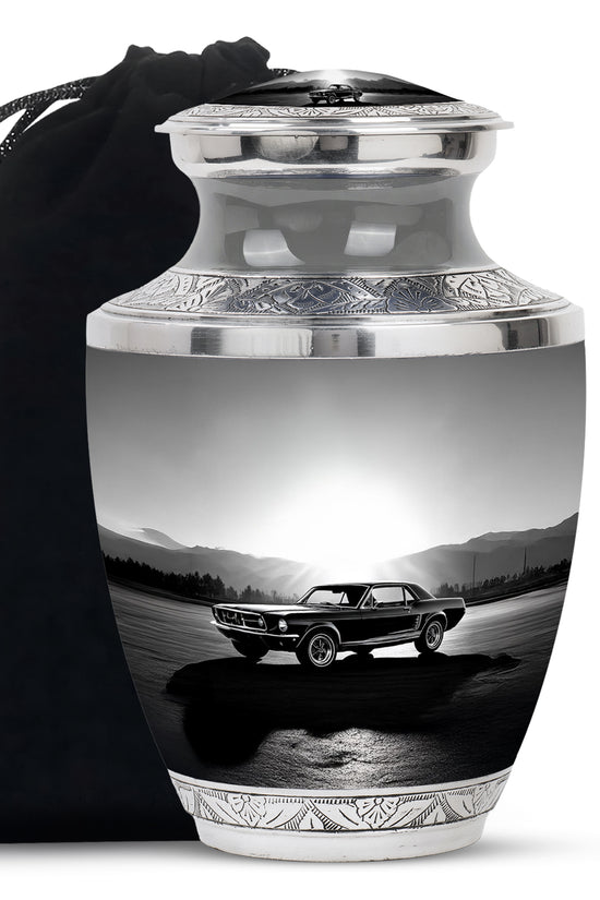 Pewter Gray Car Cremation Urn side profile showing urn shape - contemporary car design with modern artistic flair - full-size 10 inch 200 cubic inch adult cremation urn