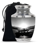 Pewter Gray Car Cremation Urn side profile showing urn shape - contemporary car design with modern artistic flair - full-size 10 inch 200 cubic inch adult cremation urn