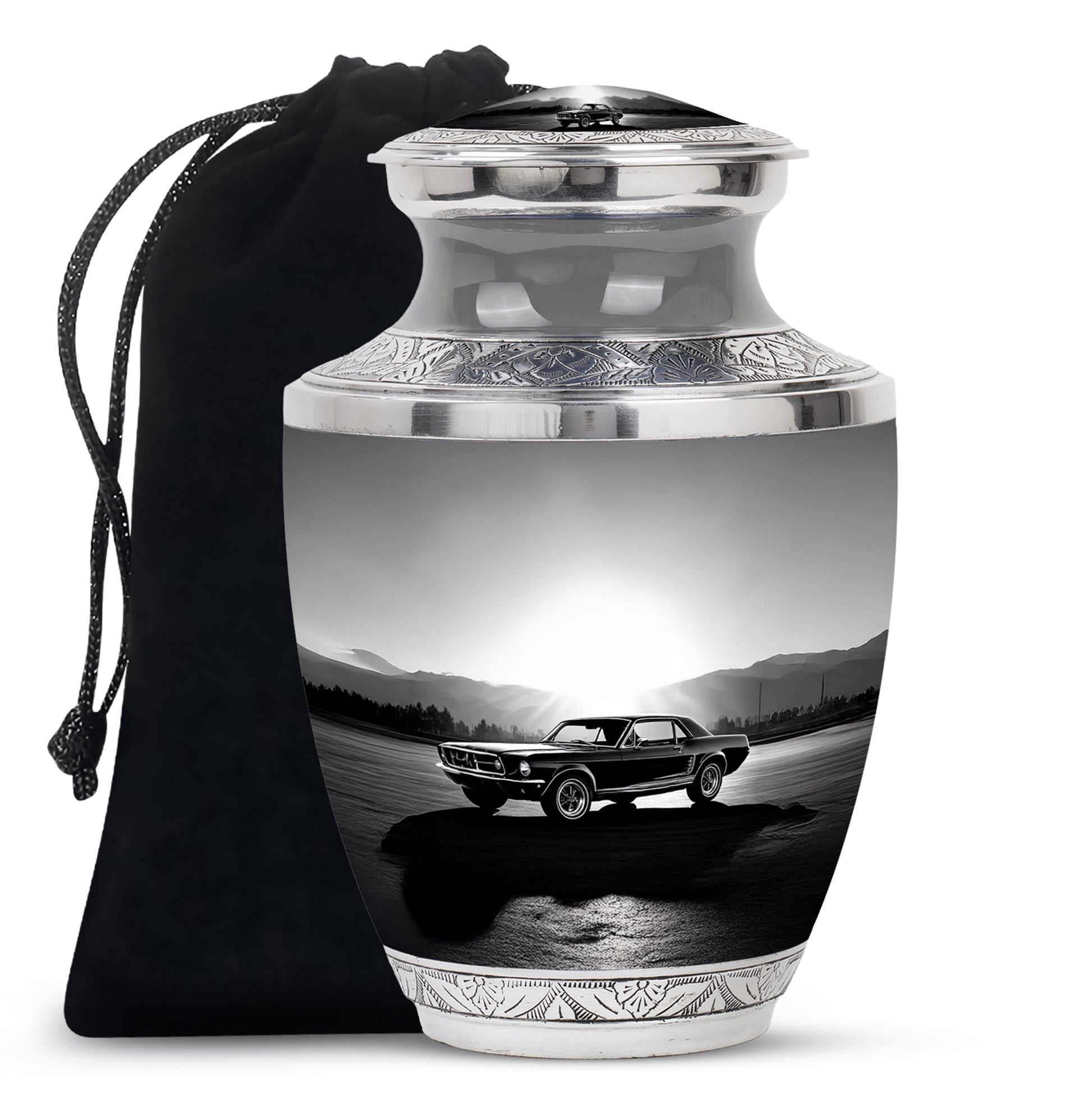 Pewter Gray Car Cremation Urn side profile showing urn shape - contemporary car design with modern artistic flair - full-size 10 inch 200 cubic inch adult cremation urn