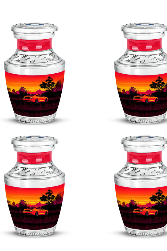 Deep Red Car Cremation Urn back view with polished surface - contemporary car design with modern artistic flair - 10 inch aluminum urn for cremated remains