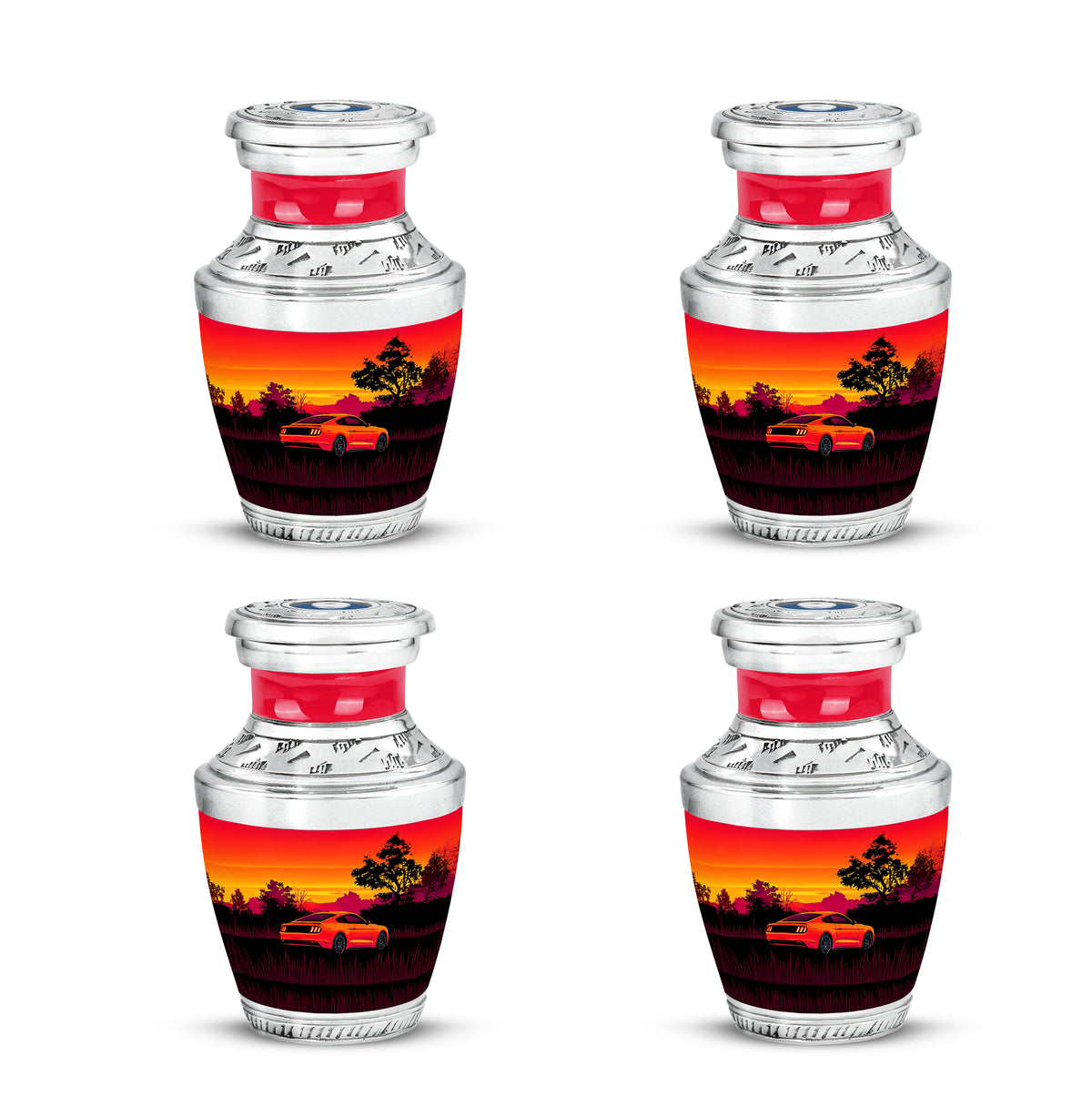 Deep Red Car Cremation Urn back view with polished surface - contemporary car design with modern artistic flair - 10 inch aluminum urn for cremated remains