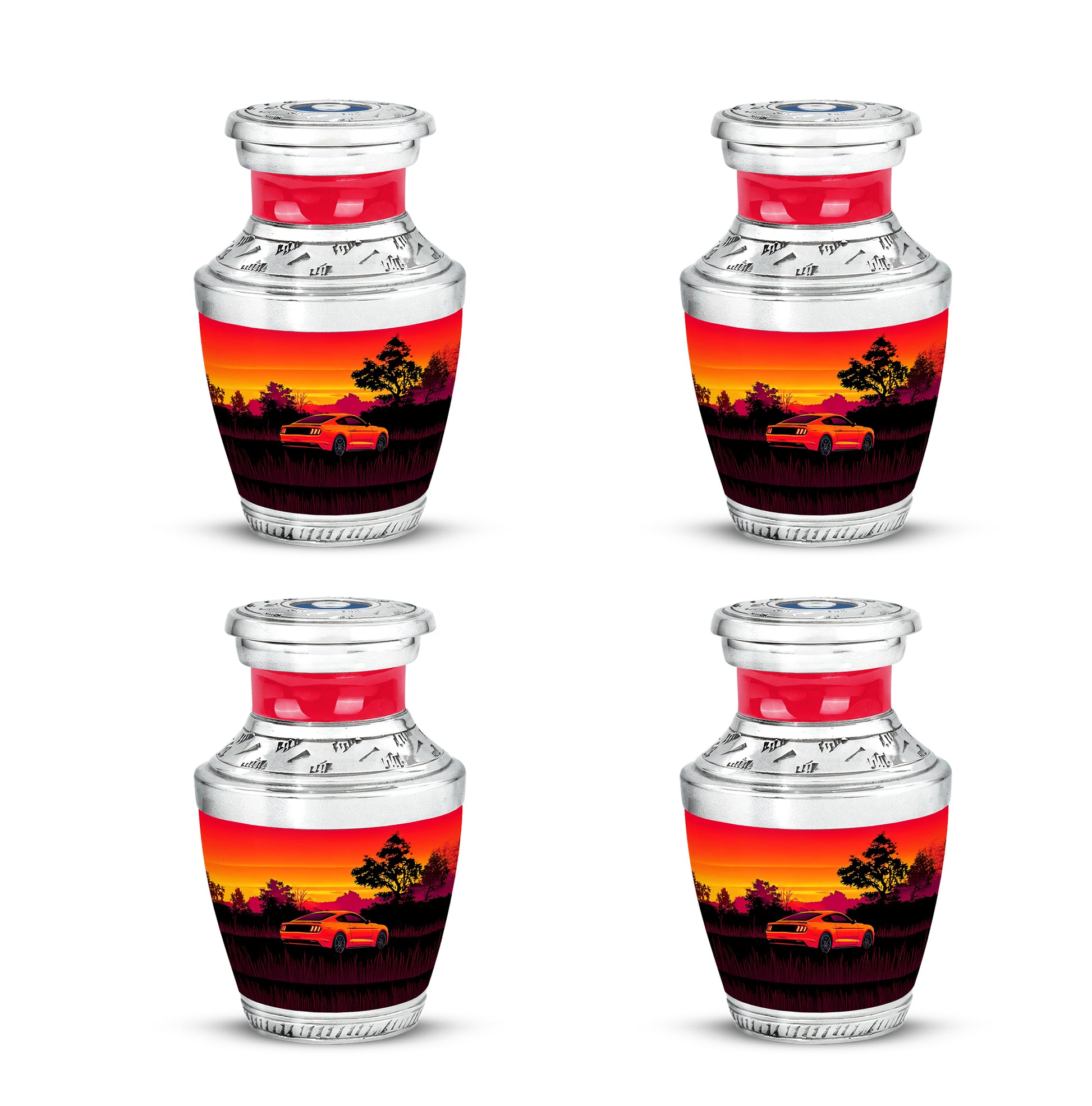 Deep Red Car Cremation Urn back view with polished surface - contemporary car design with modern artistic flair - 10 inch aluminum urn for cremated remains