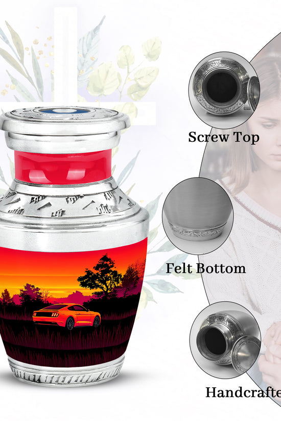 Rich Red Car Cremation Urn top-down view of secure threaded lid - stylized abstract car pattern with bold lines - mini keepsake memorial for portion of cremation ashes