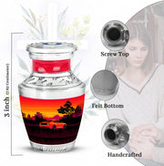 Rich Red Car Cremation Urn top-down view of secure threaded lid - stylized abstract car pattern with bold lines - mini keepsake memorial for portion of cremation ashes