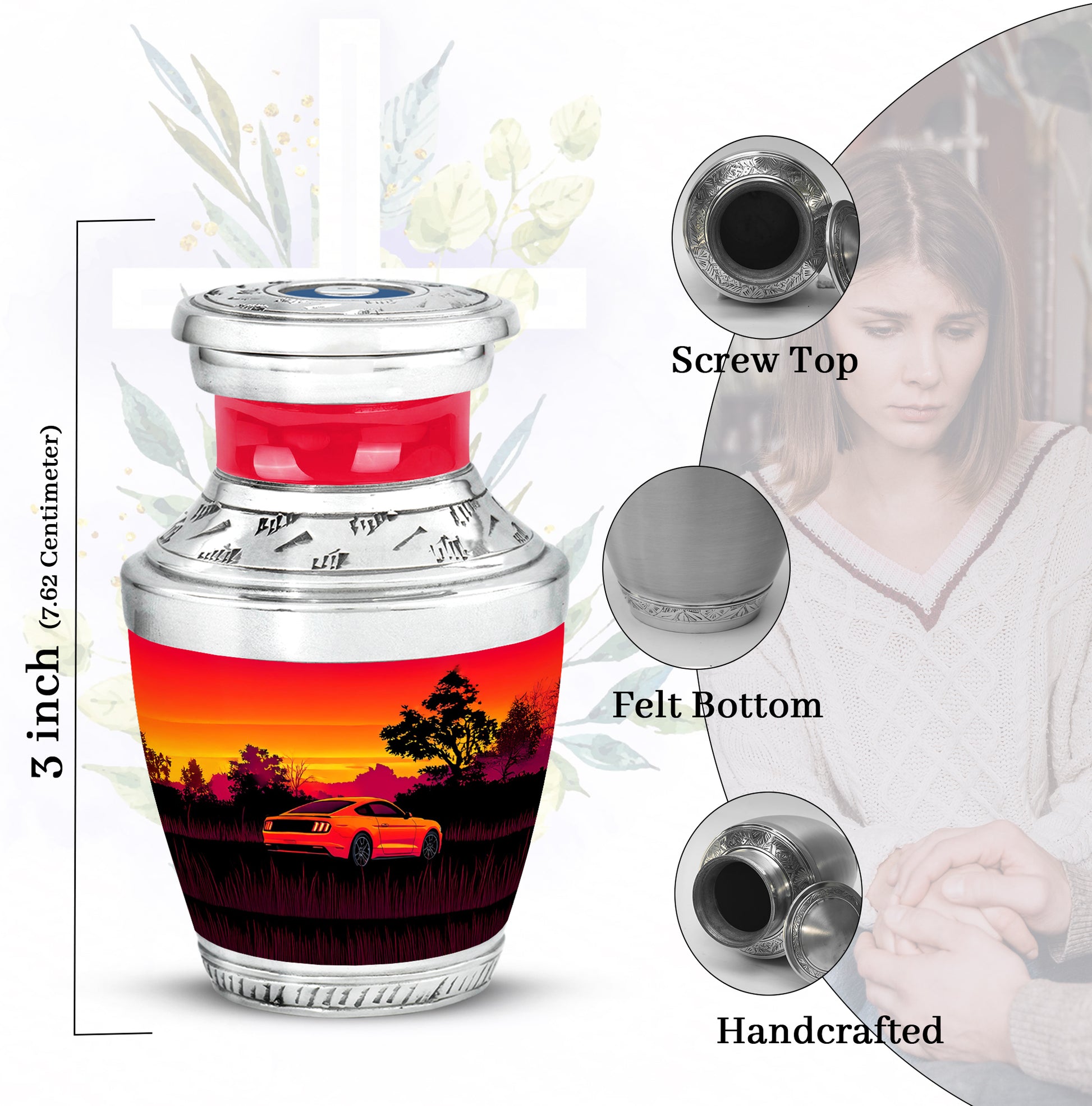 Rich Red Car Cremation Urn top-down view of secure threaded lid - stylized abstract car pattern with bold lines - mini keepsake memorial for portion of cremation ashes