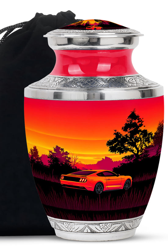 Crimson Red Car Cremation Urn side profile showing urn shape - modern art-inspired car motif on sleek aluminum - full-size 10 inch 200 cubic inch adult cremation urn