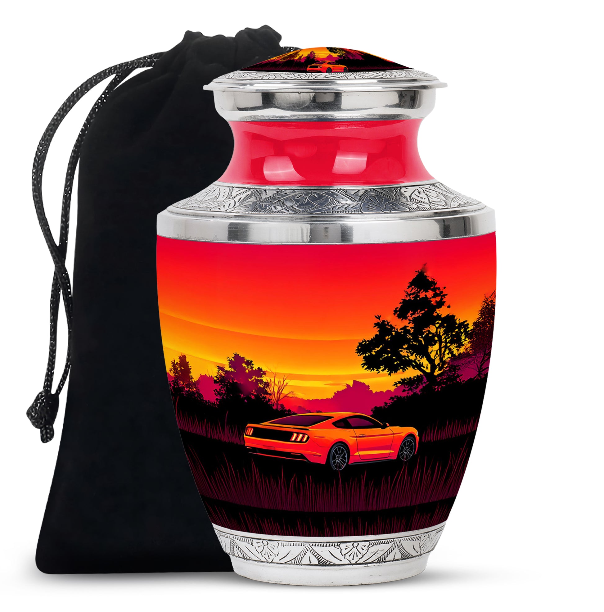 Crimson Red Car Cremation Urn side profile showing urn shape - modern art-inspired car motif on sleek aluminum - full-size 10 inch 200 cubic inch adult cremation urn