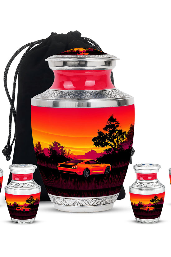 Scarlet Red Car Cremation Urn lifestyle display on memorial shelf - artistic car interpretation with creative detail - memorial set with one large and four small urns