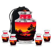 Scarlet Red Car Cremation Urn lifestyle display on memorial shelf - artistic car interpretation with creative detail - memorial set with one large and four small urns