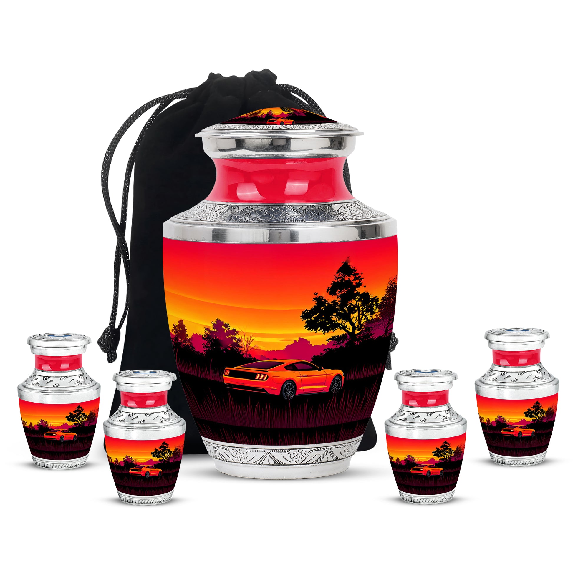 Scarlet Red Car Cremation Urn lifestyle display on memorial shelf - artistic car interpretation with creative detail - memorial set with one large and four small urns