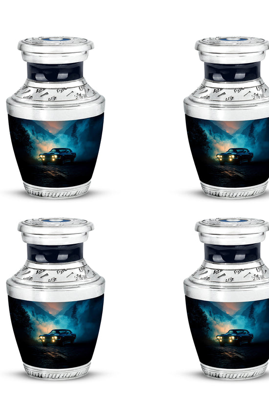 Bright Blue Car Cremation Urn back view with polished surface - stylized abstract car pattern with bold lines - 10 inch aluminum urn for cremated remains