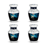 Bright Blue Car Cremation Urn back view with polished surface - stylized abstract car pattern with bold lines - 10 inch aluminum urn for cremated remains