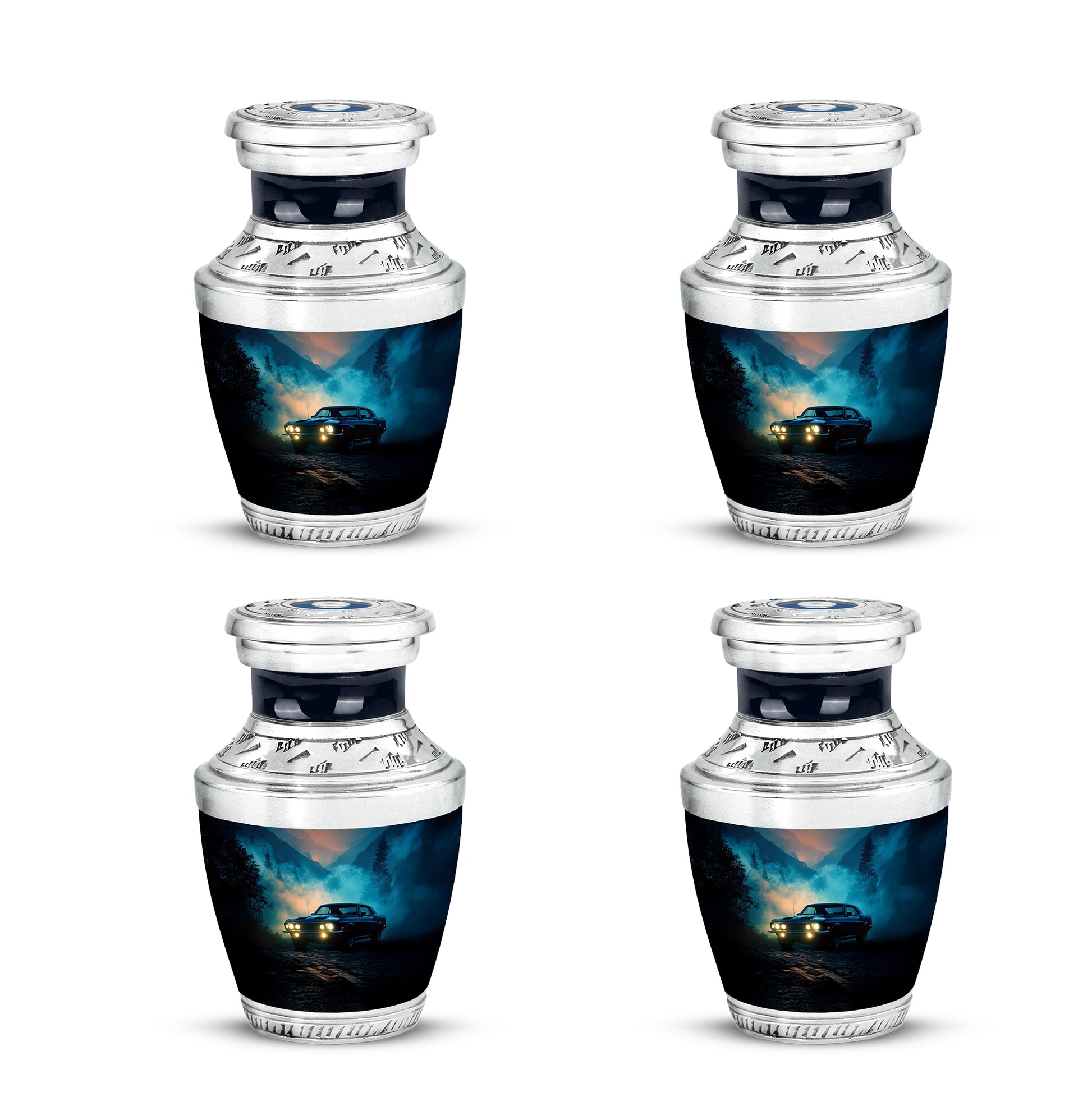 Bright Blue Car Cremation Urn back view with polished surface - stylized abstract car pattern with bold lines - 10 inch aluminum urn for cremated remains
