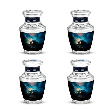 Bright Blue Car Cremation Urn back view with polished surface - stylized abstract car pattern with bold lines - 10 inch aluminum urn for cremated remains