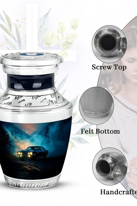 Celestial Blue Car Cremation Urn top-down view of secure threaded lid - contemporary car design with modern artistic flair - mini keepsake memorial for portion of cremation ashes
