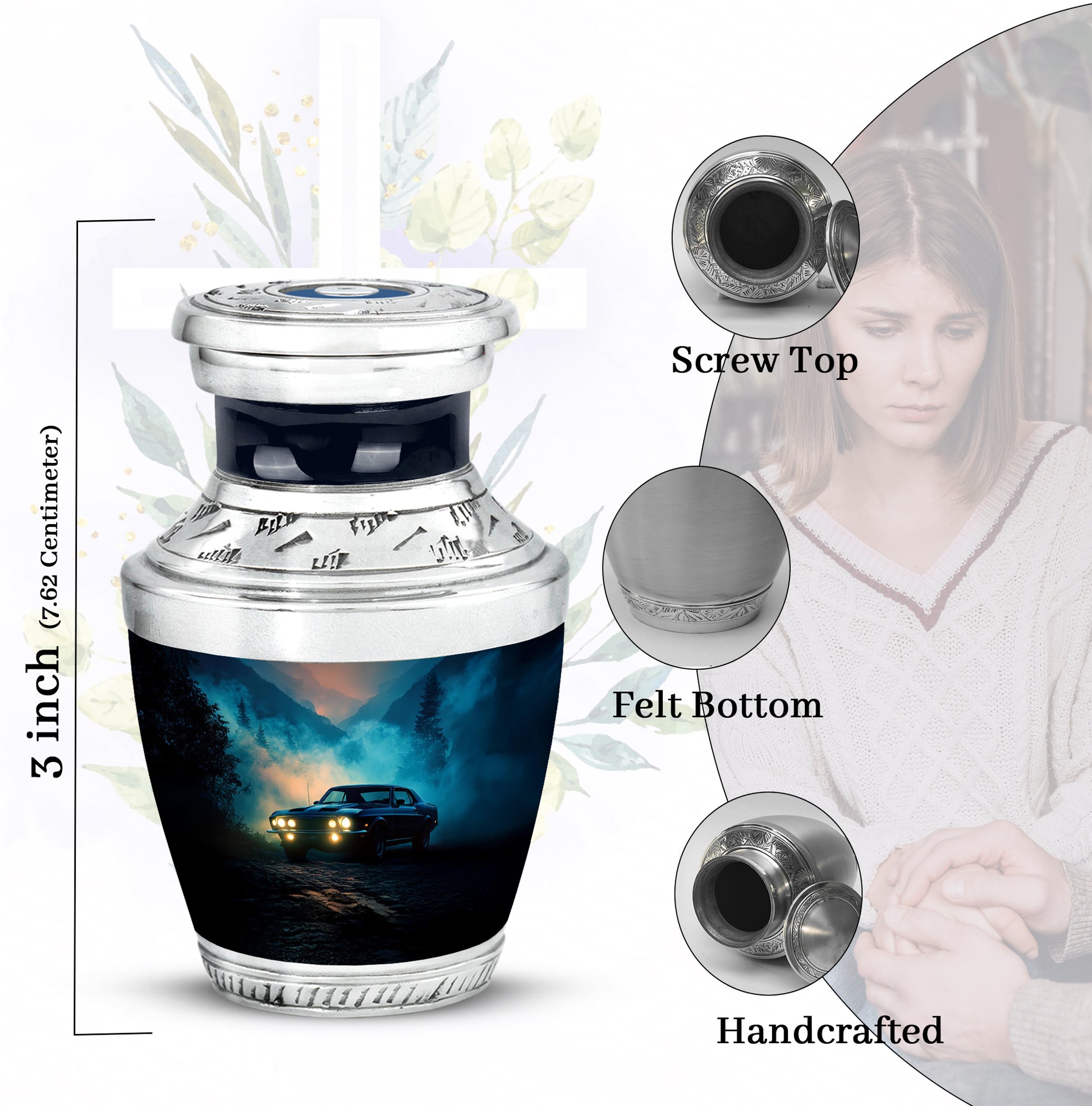 Celestial Blue Car Cremation Urn top-down view of secure threaded lid - contemporary car design with modern artistic flair - mini keepsake memorial for portion of cremation ashes