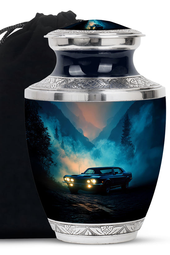 Bright Blue Car Cremation Urn side profile showing urn shape - stylized abstract car pattern with bold lines - full-size 10 inch 200 cubic inch adult cremation urn
