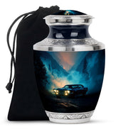 Bright Blue Car Cremation Urn side profile showing urn shape - stylized abstract car pattern with bold lines - full-size 10 inch 200 cubic inch adult cremation urn