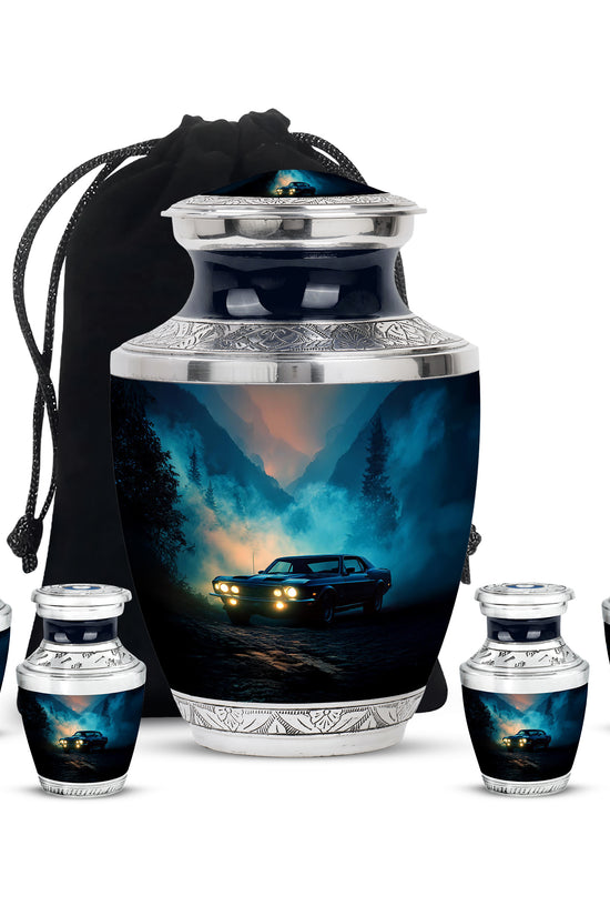 Vivid Blue Car Cremation Urn lifestyle display on memorial shelf - stylized abstract car pattern with bold lines - memorial set with one large and four small urns