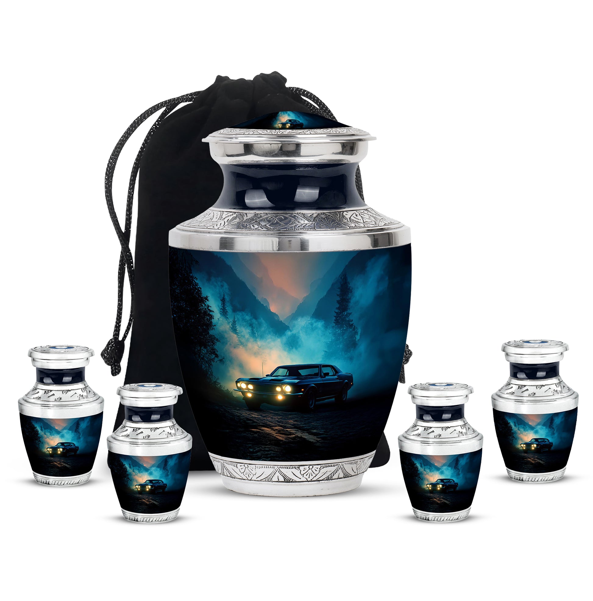 Vivid Blue Car Cremation Urn lifestyle display on memorial shelf - stylized abstract car pattern with bold lines - memorial set with one large and four small urns