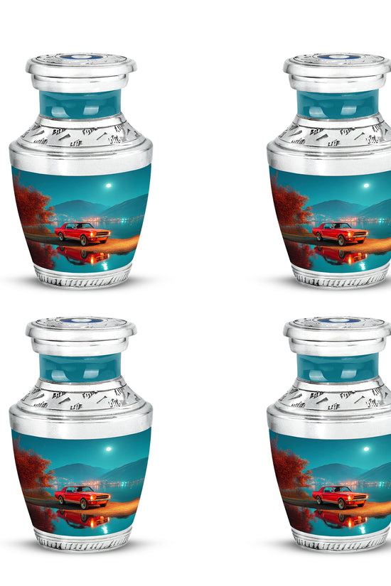 Soft Teal Car Cremation Urn back view with polished surface - modern art-inspired car motif on sleek aluminum - 10 inch aluminum urn for cremated remains