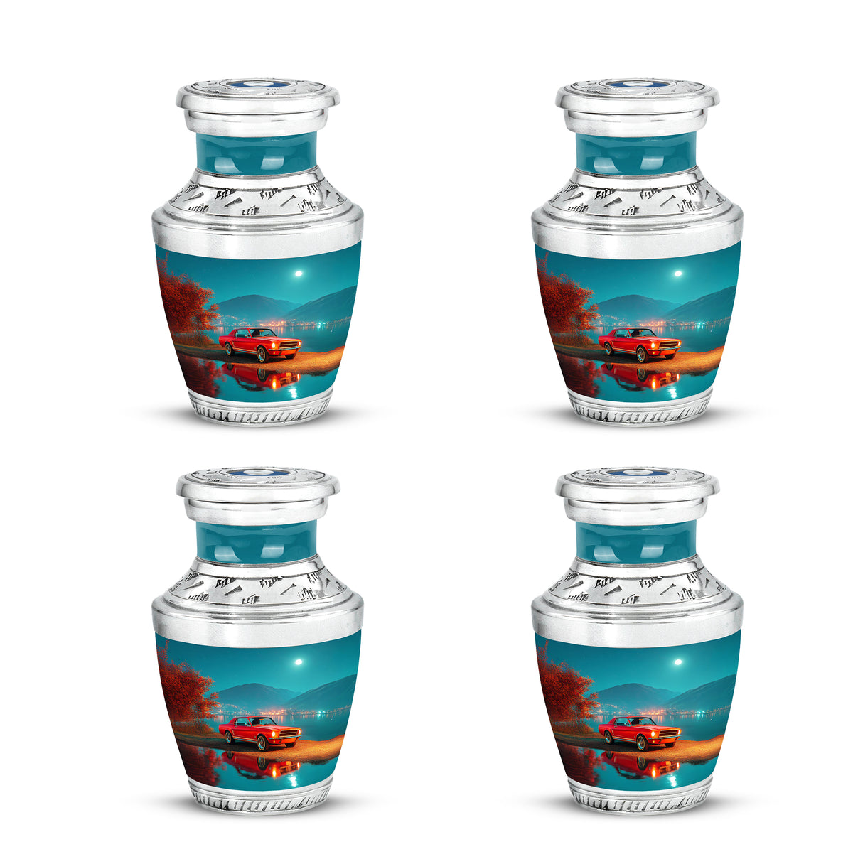 Soft Teal Car Cremation Urn back view with polished surface - modern art-inspired car motif on sleek aluminum - 10 inch aluminum urn for cremated remains