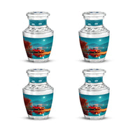 Soft Teal Car Cremation Urn back view with polished surface - modern art-inspired car motif on sleek aluminum - 10 inch aluminum urn for cremated remains