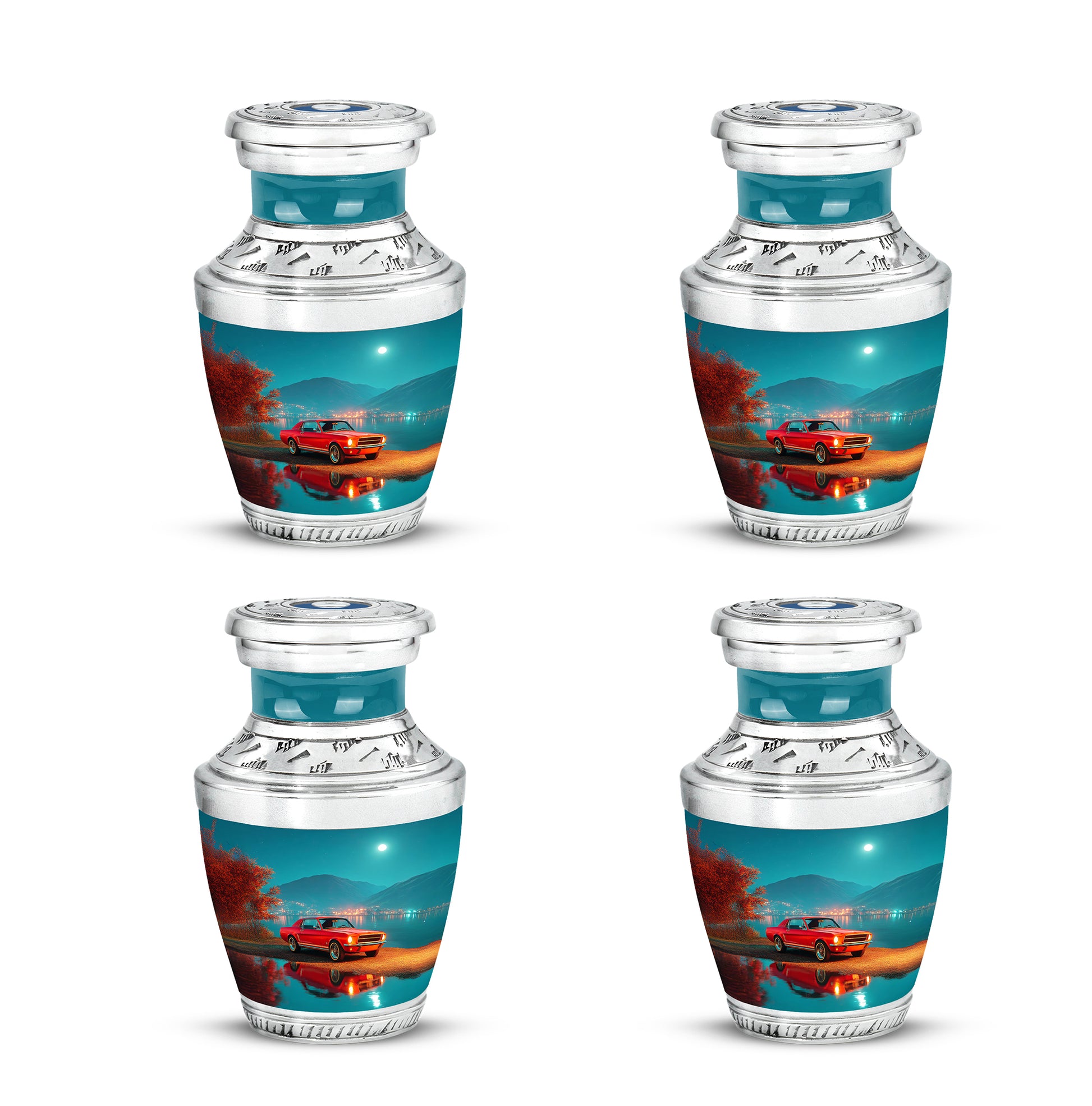 Soft Teal Car Cremation Urn back view with polished surface - modern art-inspired car motif on sleek aluminum - 10 inch aluminum urn for cremated remains