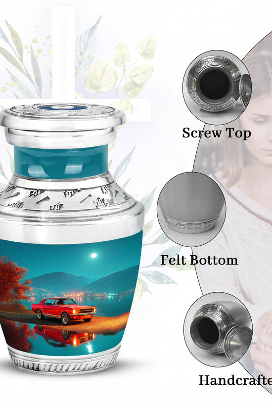 Tropical Teal Car Cremation Urn top-down view of secure threaded lid - artistic car interpretation with creative detail - mini keepsake memorial for portion of cremation ashes