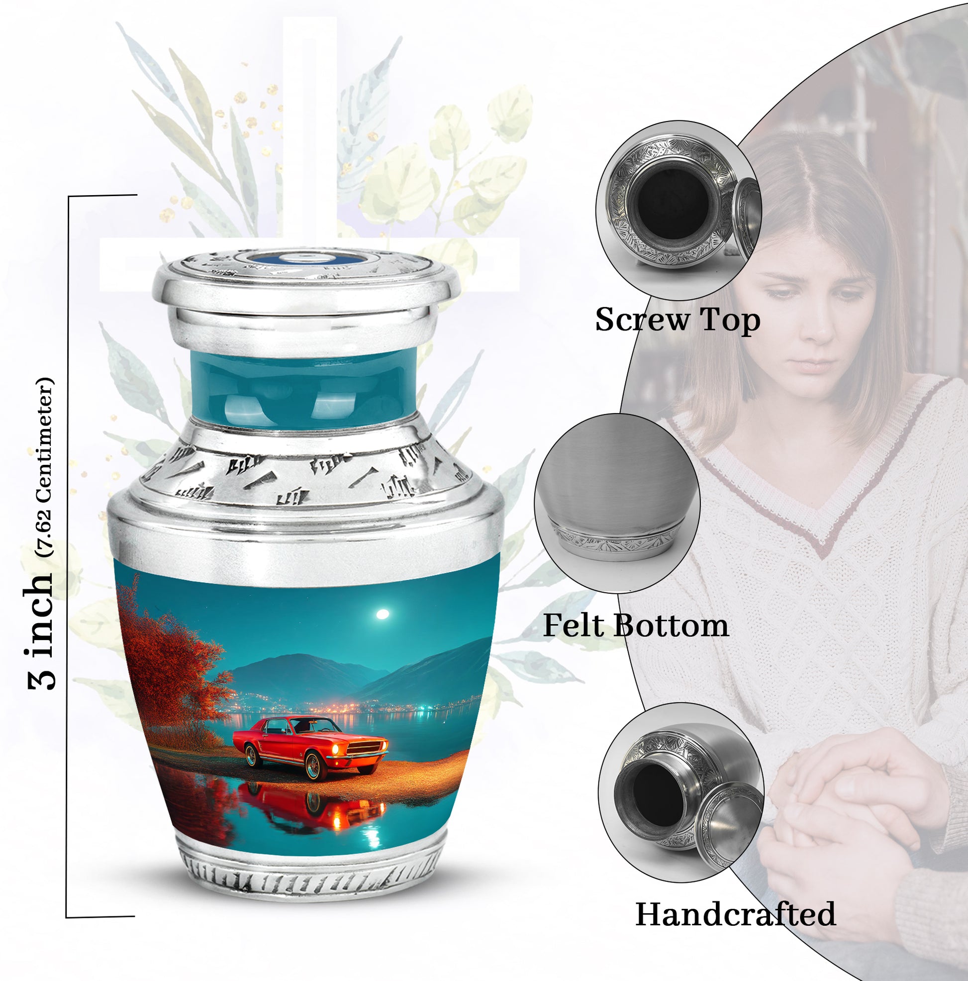 Tropical Teal Car Cremation Urn top-down view of secure threaded lid - artistic car interpretation with creative detail - mini keepsake memorial for portion of cremation ashes